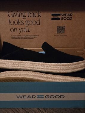 TOMS Black Suede Espadrille Platform Slip-On